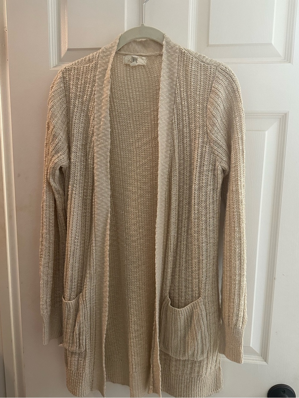 Pinque Light Beige Open-Front Ribbed Cardigan Sweater
